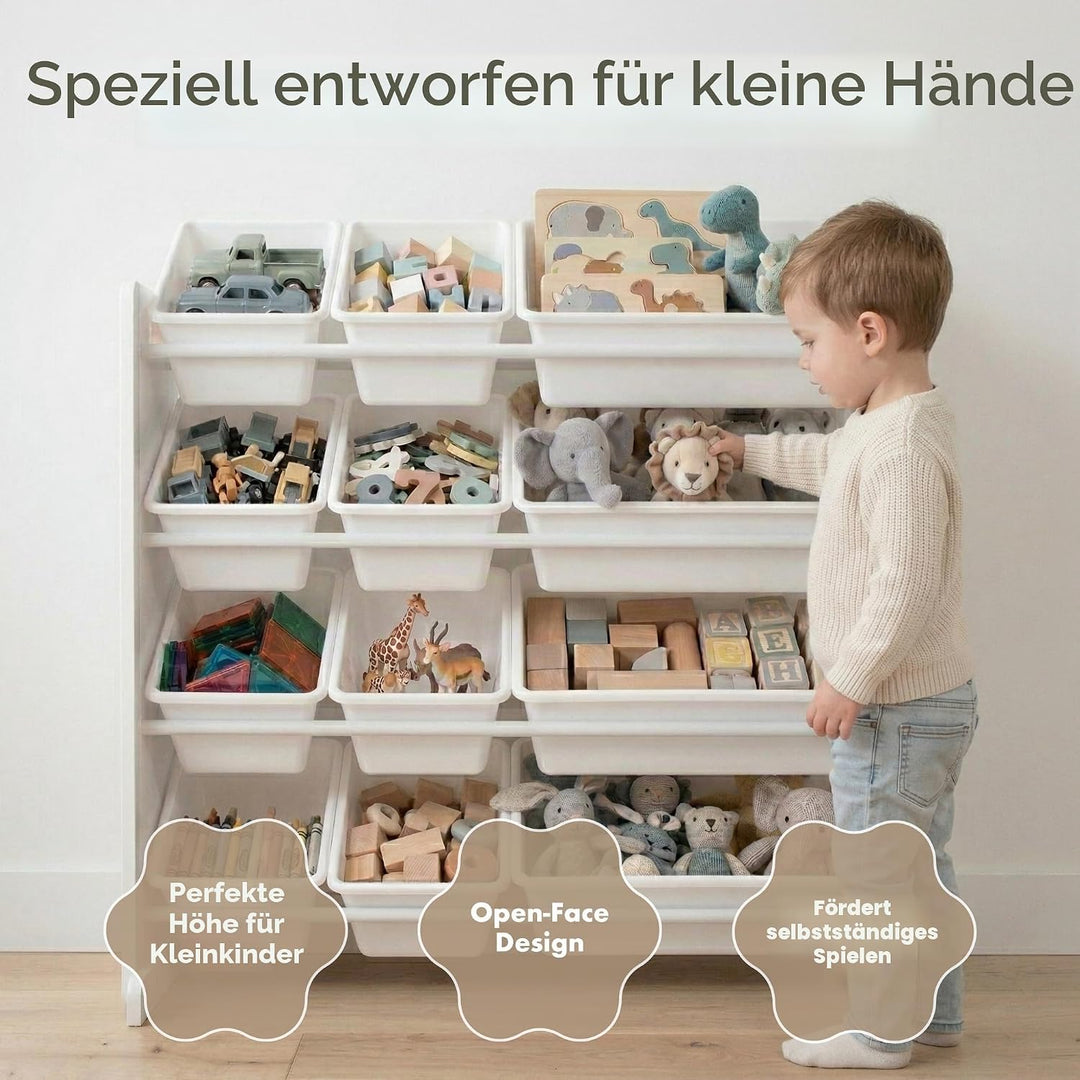 Humble Crew WO565 Kinderregal - Spielzeugregal-Organizer aus Holz mit 12 Aufbewahrungsboxen, Weiss/W