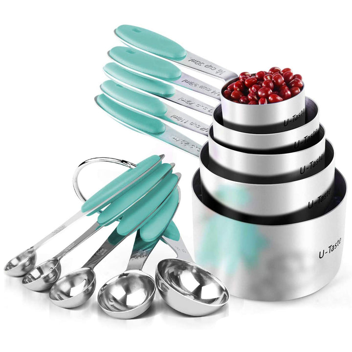 Messbecher: U-Taste 18/8 Edelstahl Messbecher und Messlöffel Set mit 10 Stück, Griff mit Verbesserte