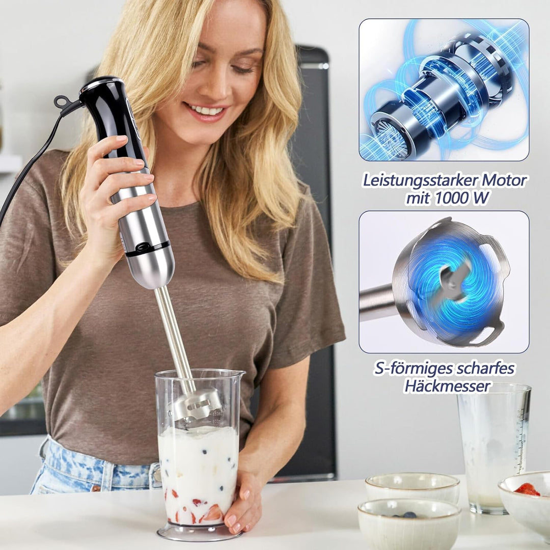 Stabmixer set, 5-en-1 Pürierstab Edelstahl Set,21 Gänge 1000W Milchschäumer Handheld, 600ml Messbech