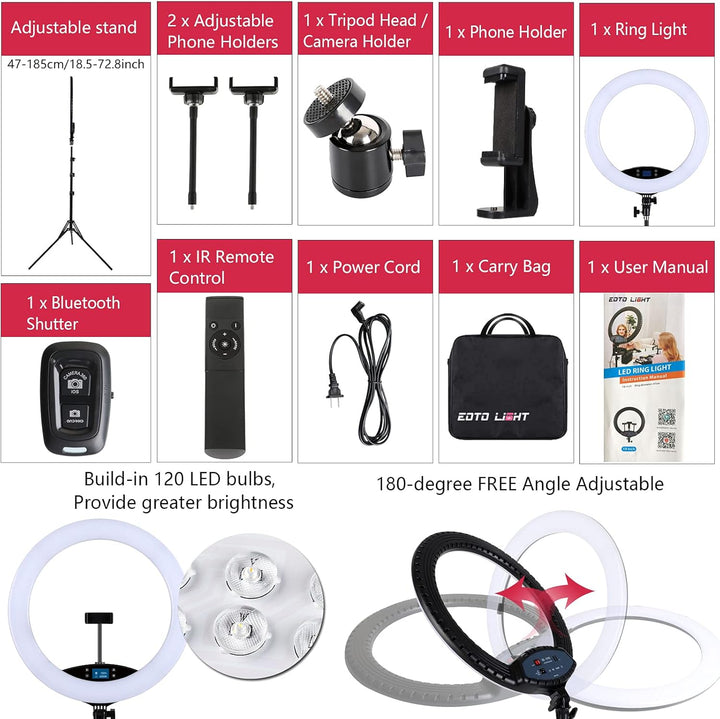 LED-Ringlicht mit Stativständer, Selfie-Ringlicht, 48,3 cm, LCD-Display, Touchscreen, dimmbares Lich