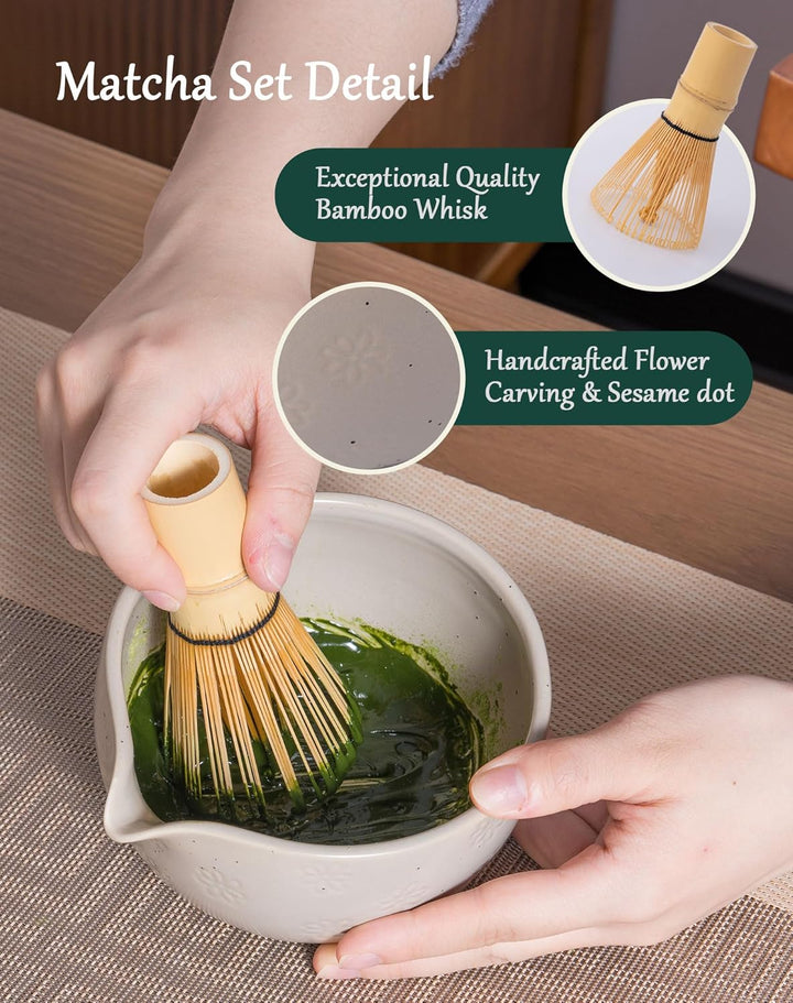 Matcha Set 6-teilig, Japanisches Matcha Schale mit Ausgiesser & Bambusbesen Kit, Inkl. Edelstahl Sie
