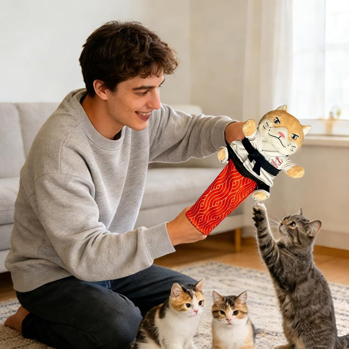 Handpuppe für Katzen mit Unterarmschutz, bewegliche Gliedmassen, 53 cm | Plüsch-Tierpuppe, weich und