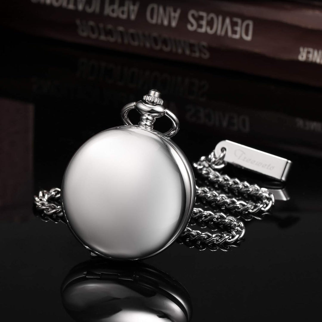 TREEWETO Unisex Taschenuhr mit Kette Analog Handaufzug Doppelscharnier Antik Graviert Römische Silbe