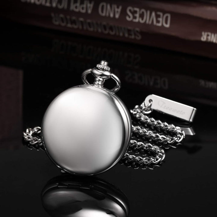 TREEWETO Unisex Taschenuhr mit Kette Analog Handaufzug Doppelscharnier Antik Graviert Römische Silbe