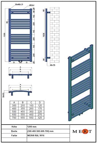 Badheizkörper Standard Weiss gerade Handtuchheizung 750 x 1750 mm Stahl