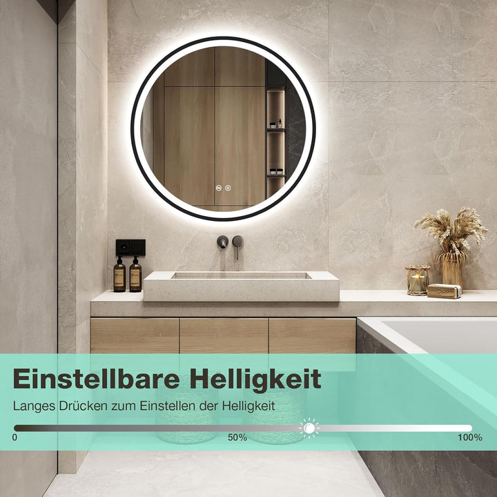 Runder Badspiegel mit Beleuchtung, 3 Lichtfarben, Dimmbar, LED Badspiegel Schwarz 60cm mit Touch-Sch