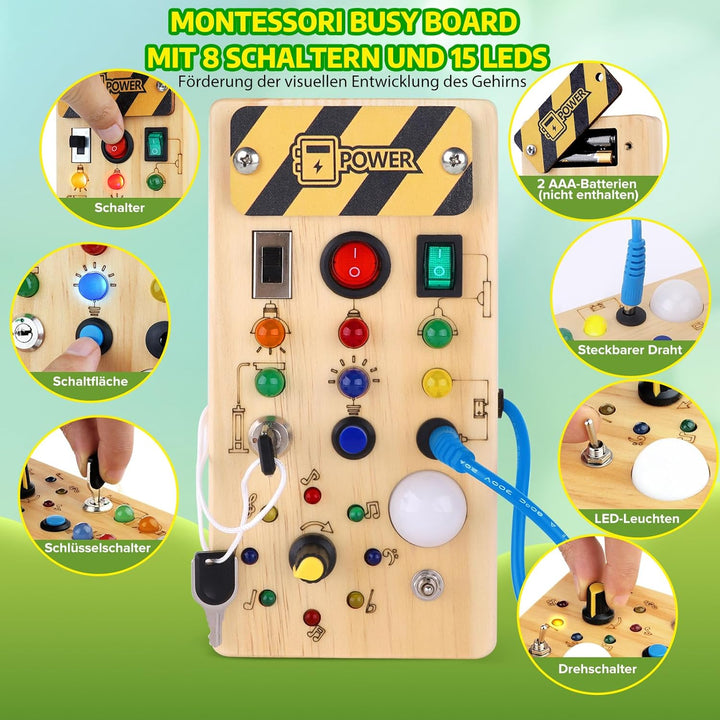 Hoarosall Montessori Busy Board Spielzeug mit LED Lichtschalter Activity Board Holzspielzeug ab 1 Ja