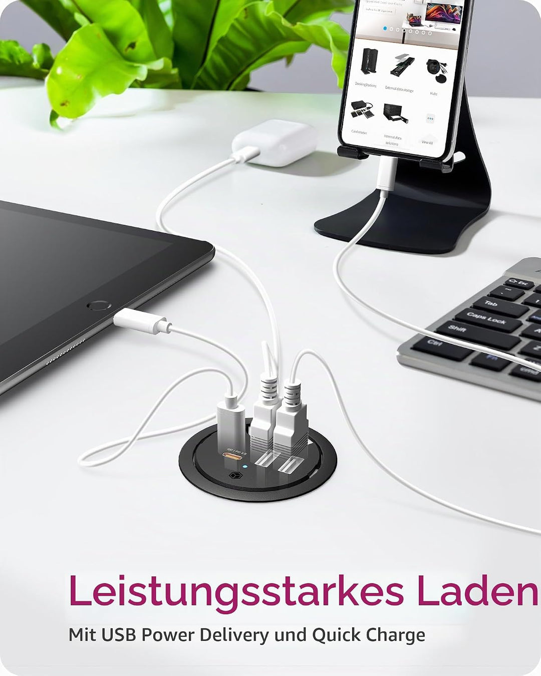 ICY Box 3-Port Tischladegerät, 2X USB-A &amp; 1x USB-C, Für 60mm Bohrungen, Gerät dient nur zum Laden, S