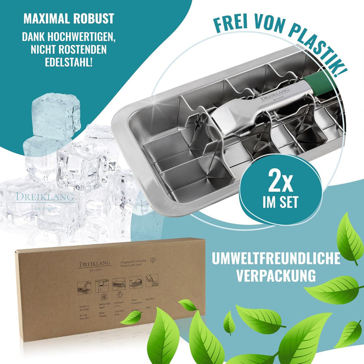 2er Spar Set Polierte 18/8 Edelstahl Eiswürfelform mit Hebeleinsatz für müheloses Entnehmen I kältes