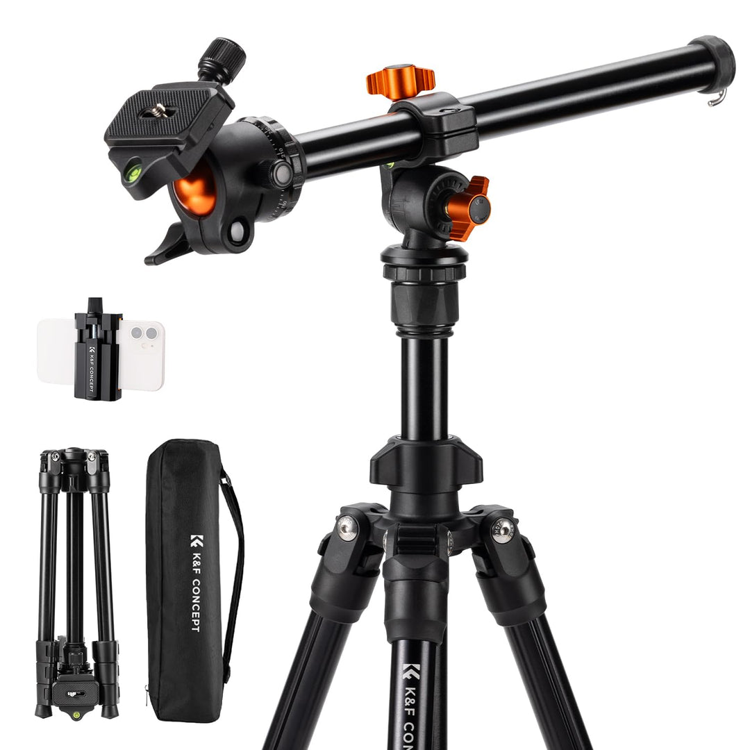 K&F Concept K234A0 Kamera Stativ mit Auslegearm,163cm Handy Stativ, Tripod für unterwegs, Stativ für