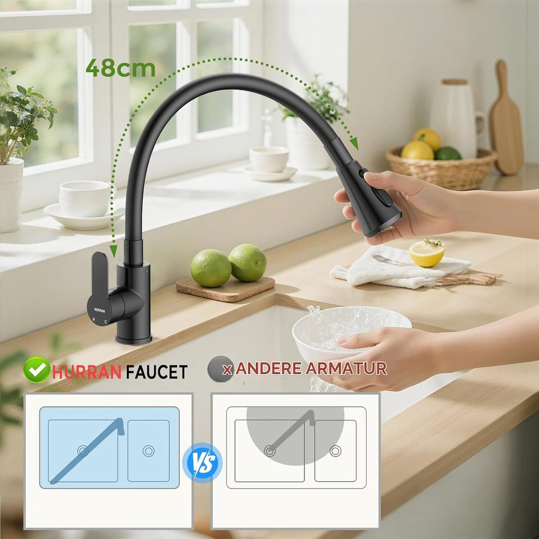Hurran Flexibler Wasserhahn Küche mit 3 Sprühmodi, 360° Schwenkbare Küchenarmatur, Einhebelmischer a