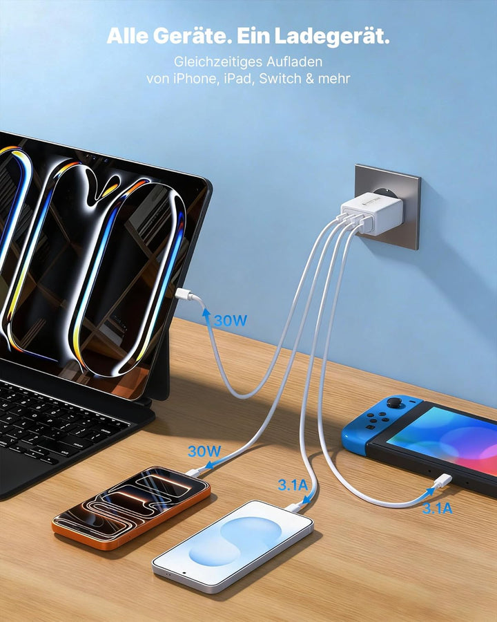 [2er-Pack] 60W USB C Ladegerät 4-Port (Schwarz & Weiss), 30W PD Mehrfach Netzteil Schnellladegerät f
