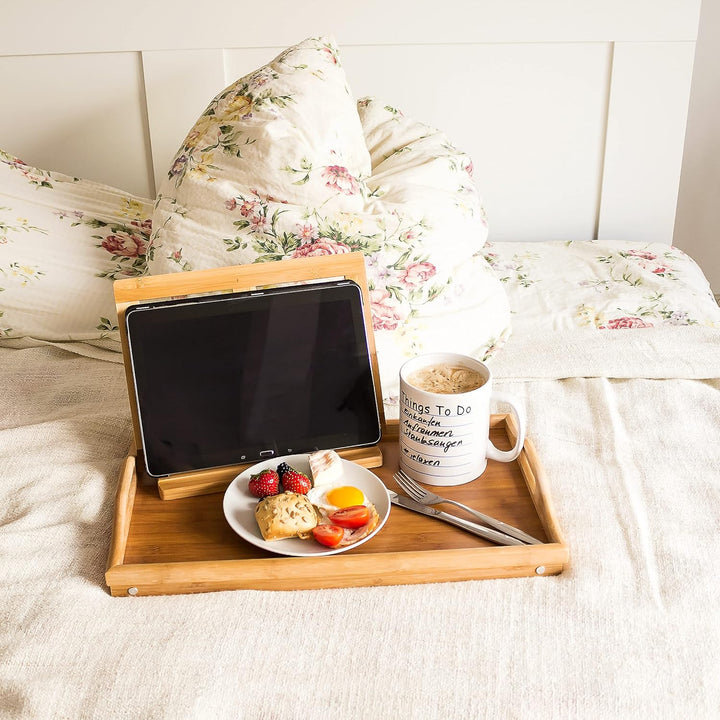 Relaxdays 2 x Betttablett klappbar, Essenstablett mit Füssen, Frühstück im Bett, Bambus & MDF, HxBxT