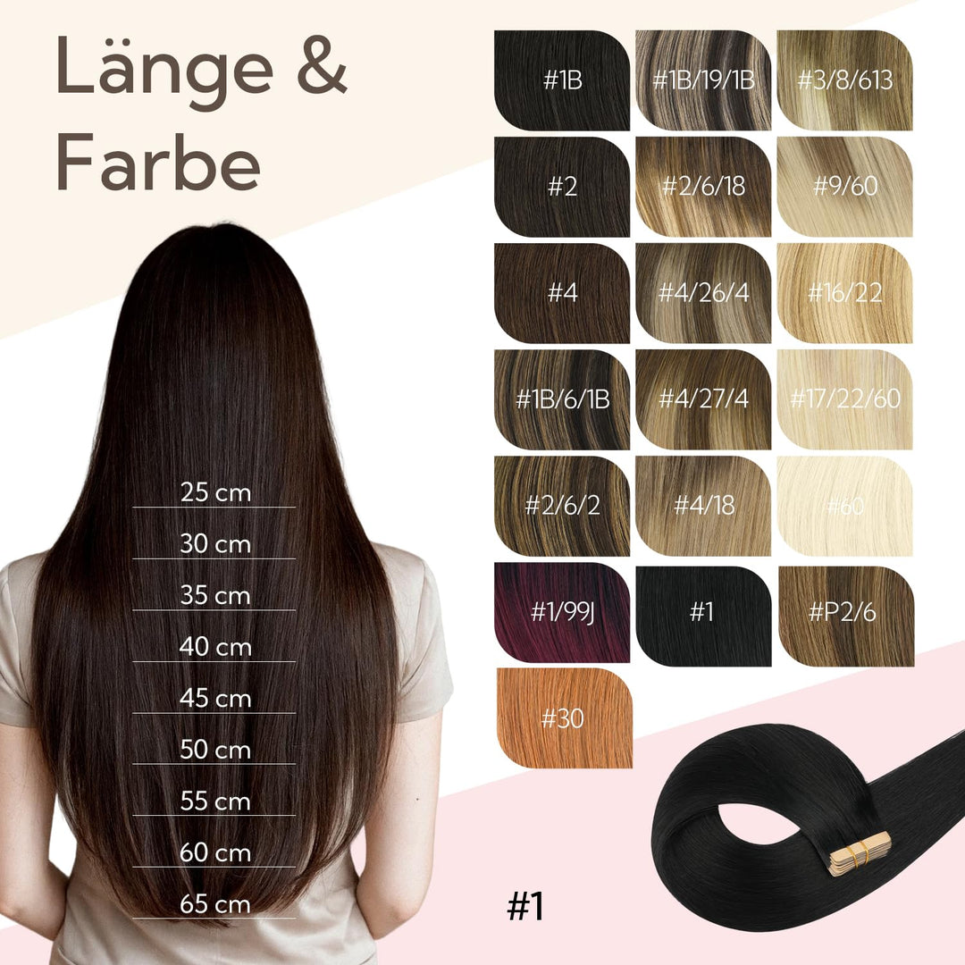 Hotbanana Tape-In-Haarextensions, 35cm 20 Stück 50g Tiefschwarz Tape-In-Echtes Remy-Echthaar-Extensi
