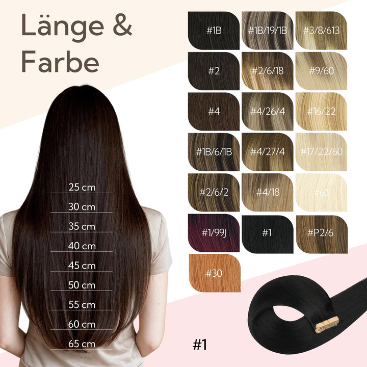 Hotbanana Tape-In-Haarextensions, 35cm 20 Stück 50g Tiefschwarz Tape-In-Echtes Remy-Echthaar-Extensi