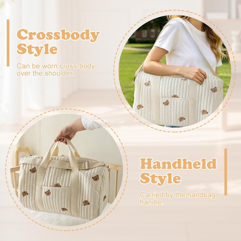 Wickeltasche Kliniktasche Geburt Grosse 2er Set, Mommy Bag aus Baumwolle mit Stickerei & Teddybär-Mu
