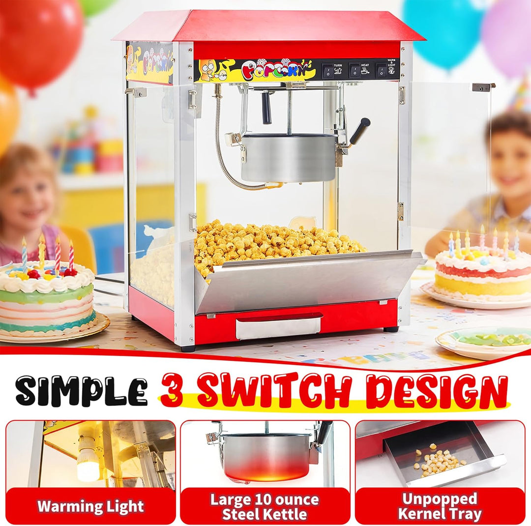 Popcornmaschine, 10 oz Kessel für 60 Tassen pro Ladung, 1300 W, Tisch-Popcornmaschine mit Popcornsch