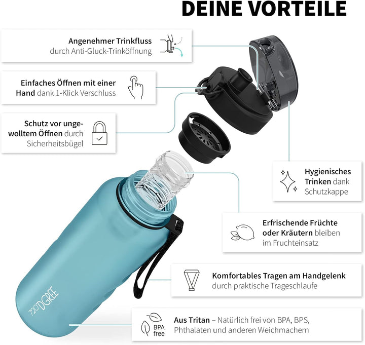 720°DGREE Trinkflasche “uberBottle“ 350ml, 500ml, 650ml, 1l softTouch +Früchtebehälter - Auslaufsich