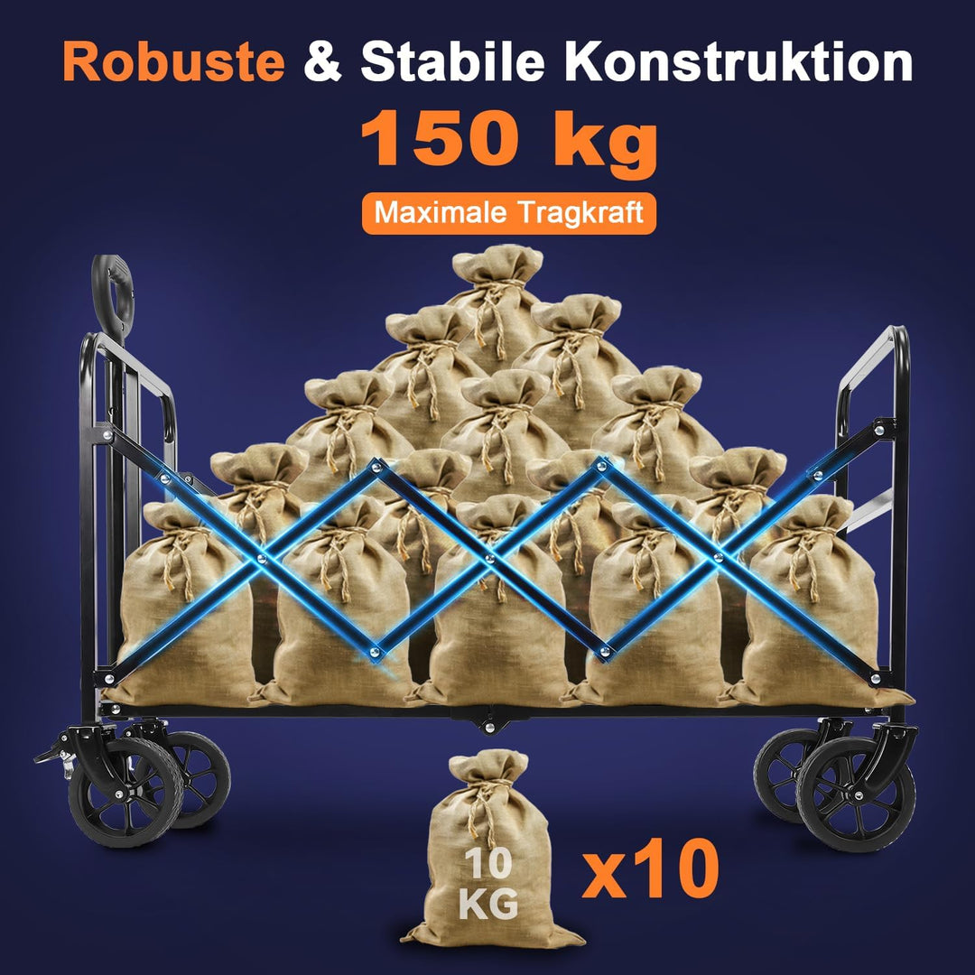 Bollerwagen Faltbar, Handwagen faltbar 150L Tragkraft 150KG mit verstellbarem Griff, Offroad-Rädern