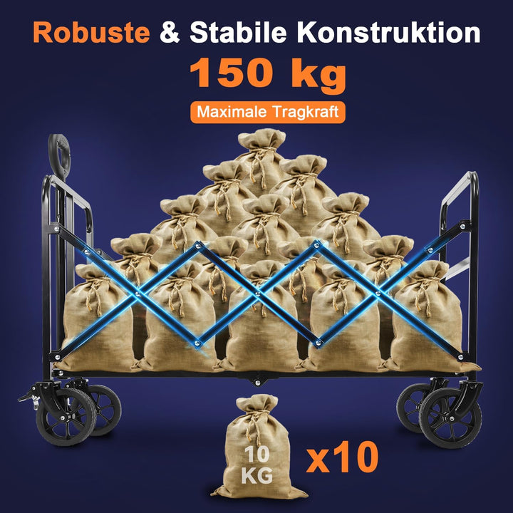 Bollerwagen Faltbar, Handwagen faltbar 150L Tragkraft 150KG mit verstellbarem Griff, Offroad-Rädern