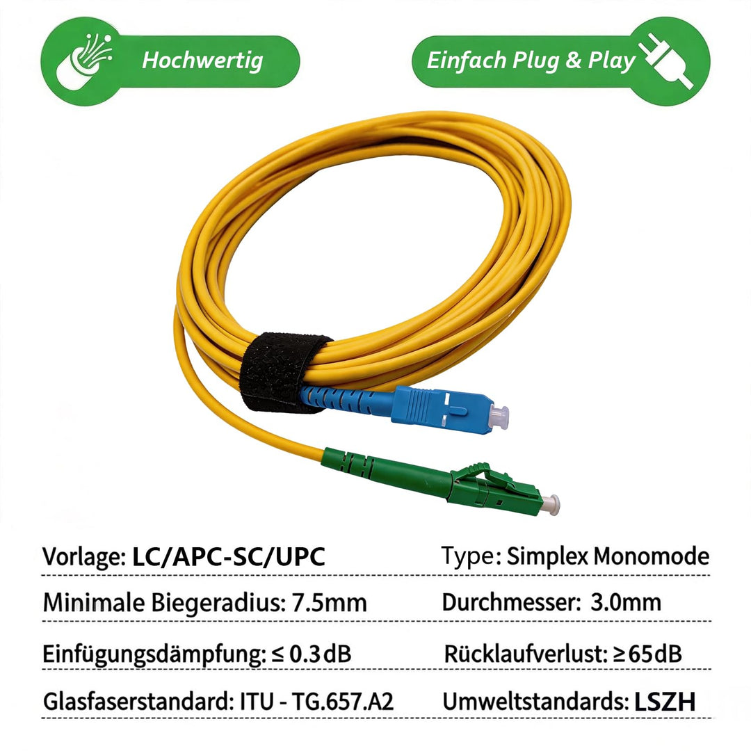 Elfcam® - 40m LWL Glasfaser-Kabel LC/APC auf SC/UPC Stecker, Simplex Singlemode 9/125μm OS2 Patchkab