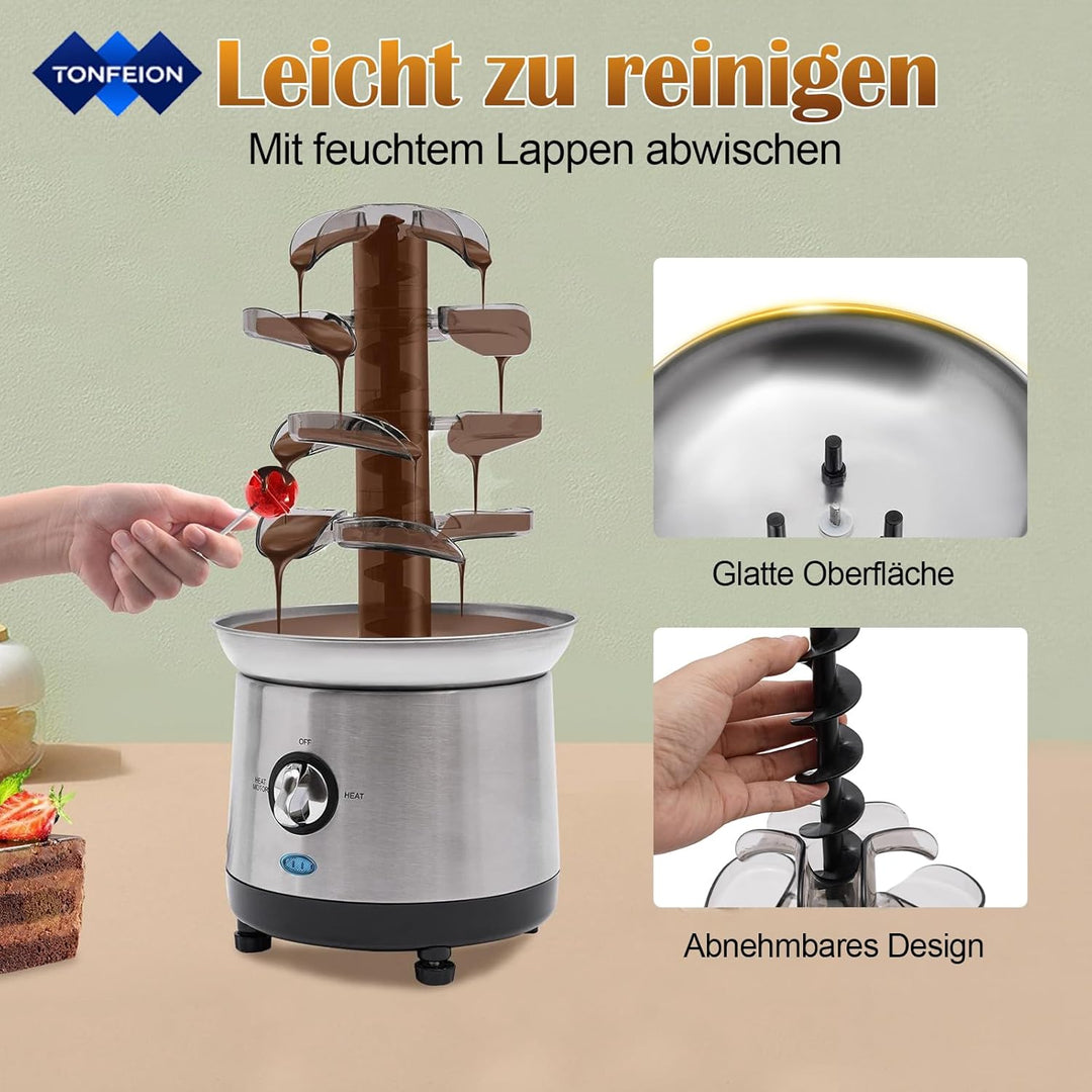 Schokobrunnen Edelstahl - 4 Etagen, 190W Schokoladenbrunnen mit Temperaturregelung, 1.2L Kapazität,