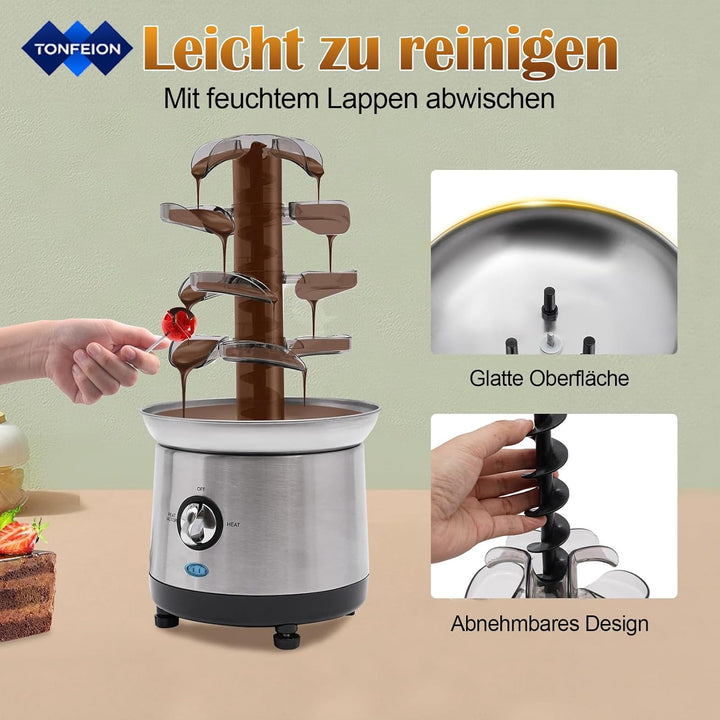 Schokobrunnen Edelstahl - 4 Etagen, 190W Schokoladenbrunnen mit Temperaturregelung, 1.2L Kapazität,