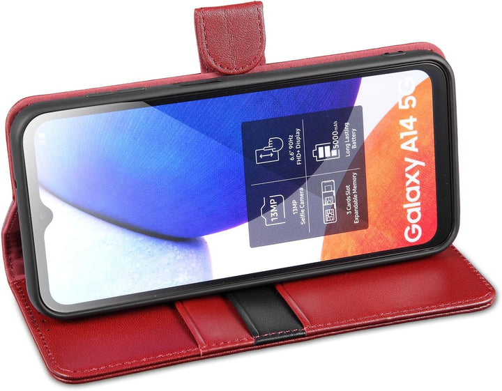 LENSUN Hülle Echtleder für Samsung Galaxy A14, Handyhülle [Echtes Leder][Magnetverschluss][RFID Bloc