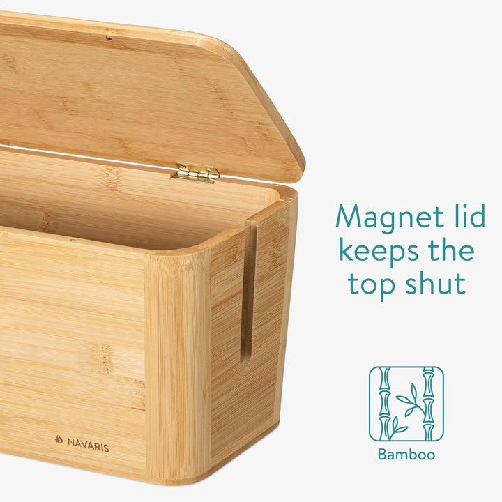 Navaris Bambus Kabelbox mit Deckel - Organizer für Kabel 39x16x16cm - Kabeldose Ordnung - Box Kabela