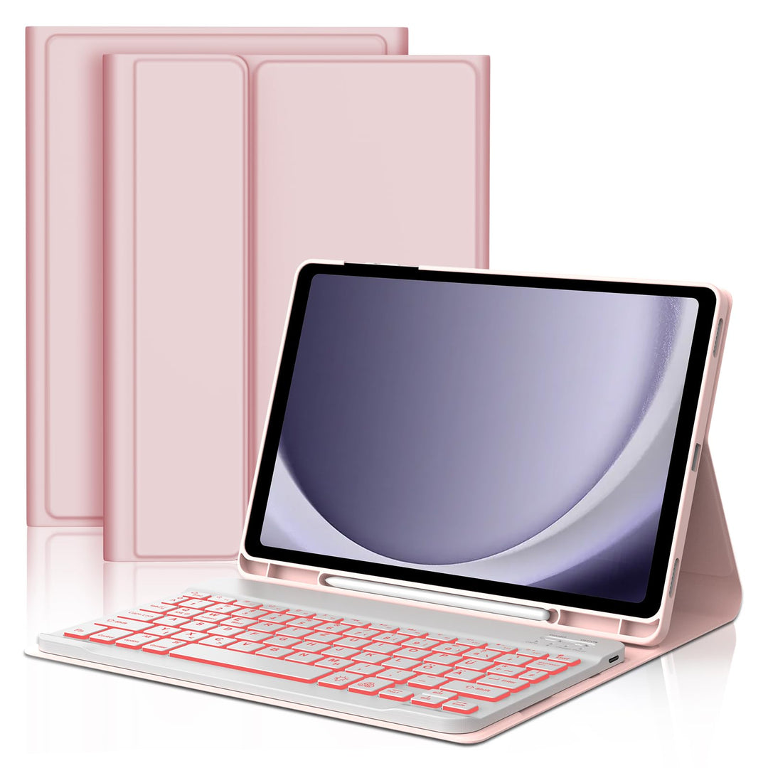 Hülle mit Tastatur für Samsung Galaxy Tab A9 Plus 11 Zoll 2023, 7 Farben Beleuchtung, QWERTZ Deutsch