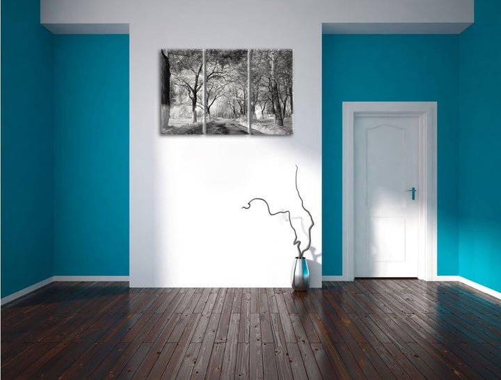 Pixxprint Baumallee im Winter Kohle Zeichnung Effekt 3-Teiler Leinwandbild 120x80 Bild auf Leinwand