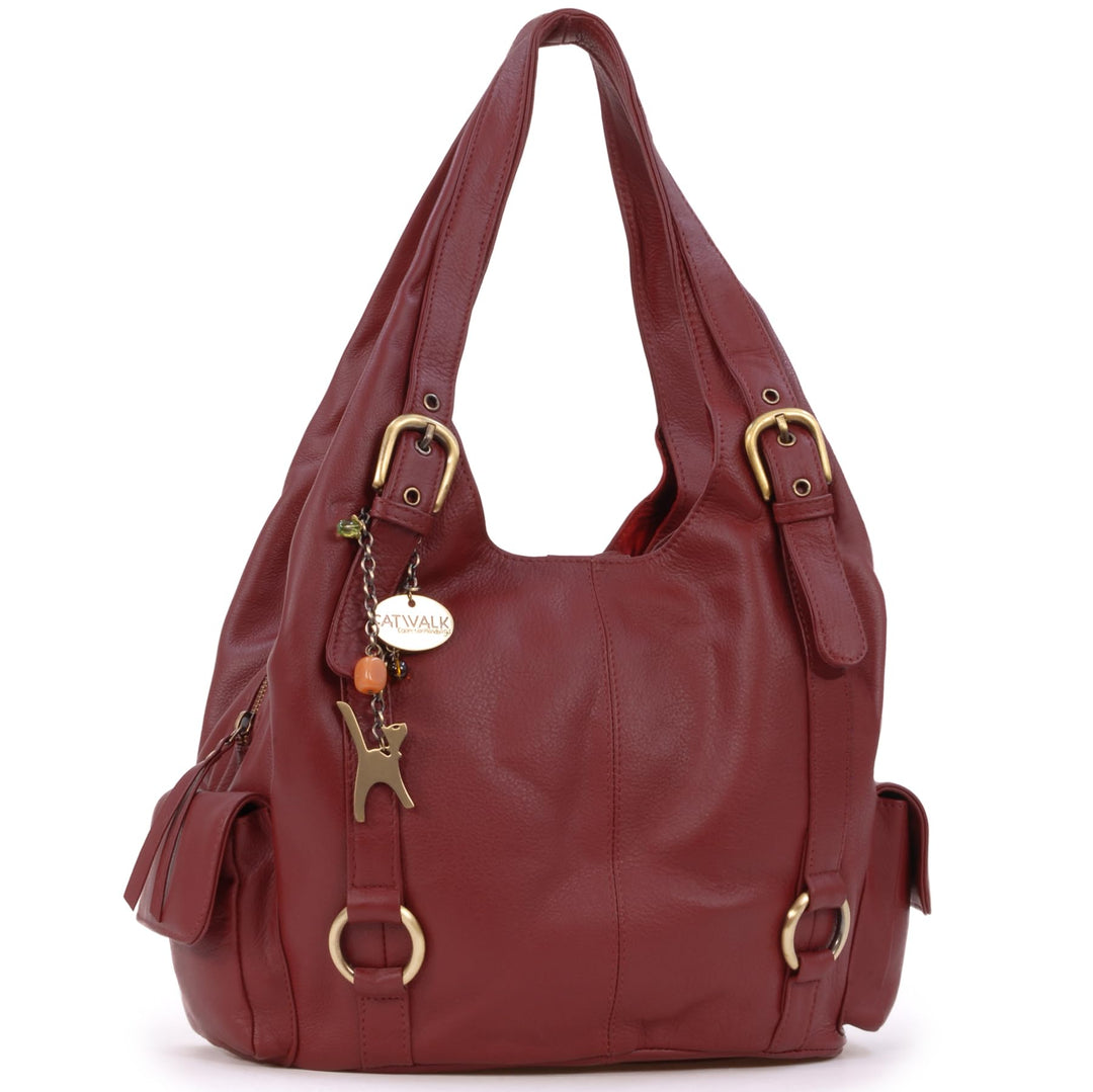 Catwalk Collection Handbags - Damen Leder Schultertasche - Handtasche Gross - Hobo Bag mit Viele Fäc