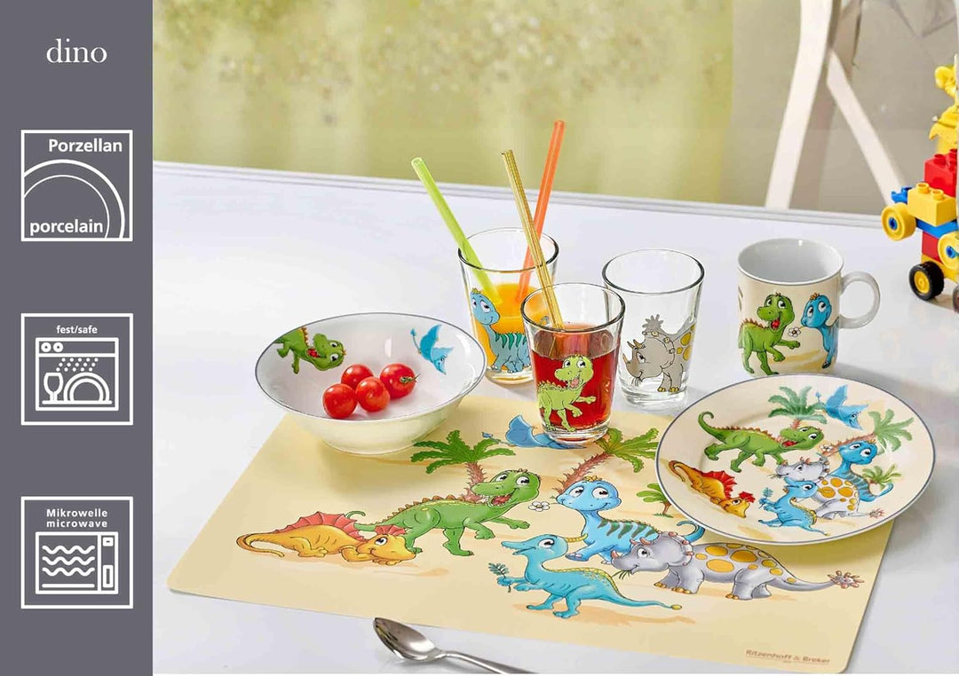 Ritzenhoff & Breker Kindergeschirr Set mit Platzset Dino, 4-teilig, Bunt, Schale Becher Teller aus P