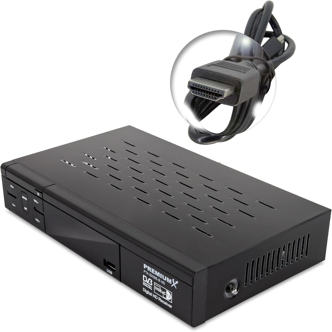 PremiumX Satelliten-Receiver HD 520SE FTA Digital SAT TV Receiver DVB-S2 FullHD HDMI SCART 2X USB Mu
