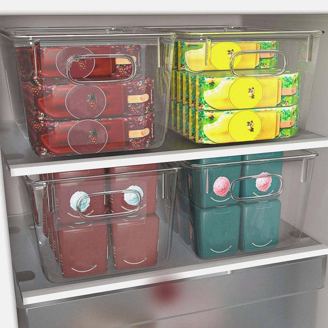 FINEW Set von 4 Stapelbare Kühlschrank Organizer - 2 Grosse/2 Mittel, Aufbewahrungsbox für Gefrierge