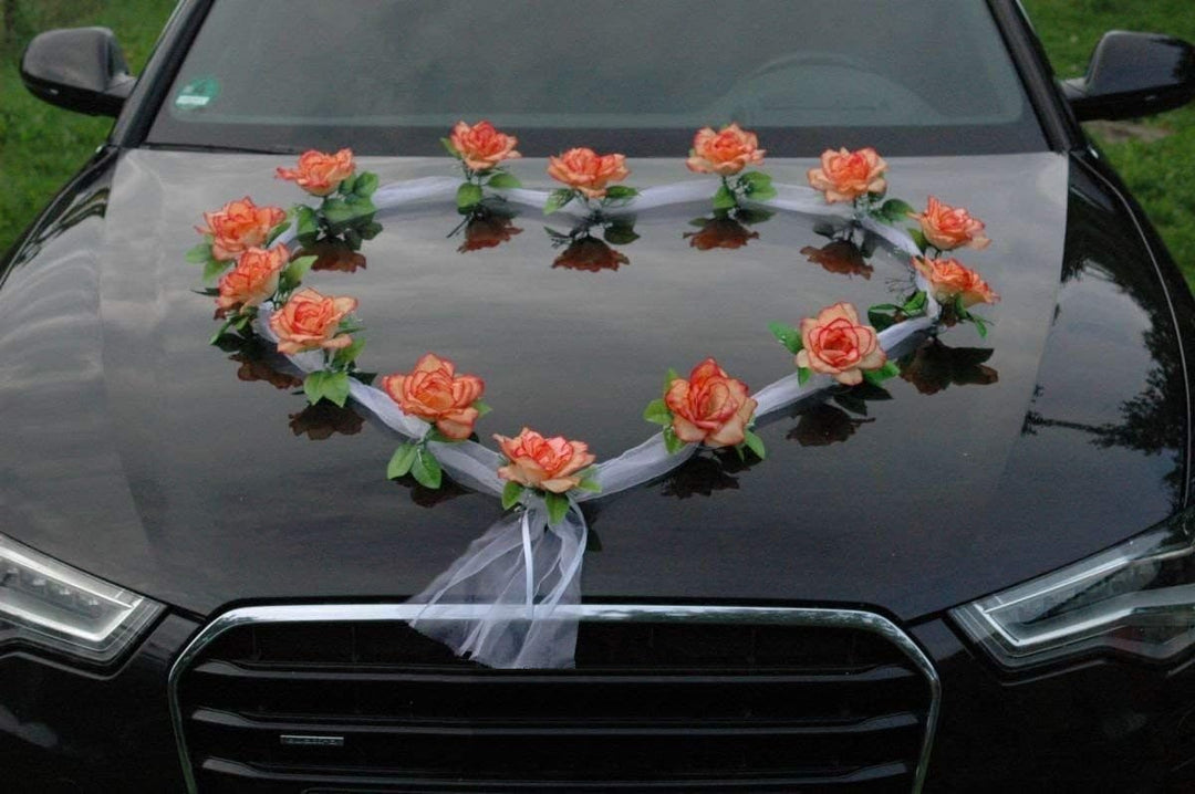 Organza Herz Auto Schmuck Braut Paar Rose Deko Dekoration Autoschmuck Hochzeit Car Auto Wedding Deko