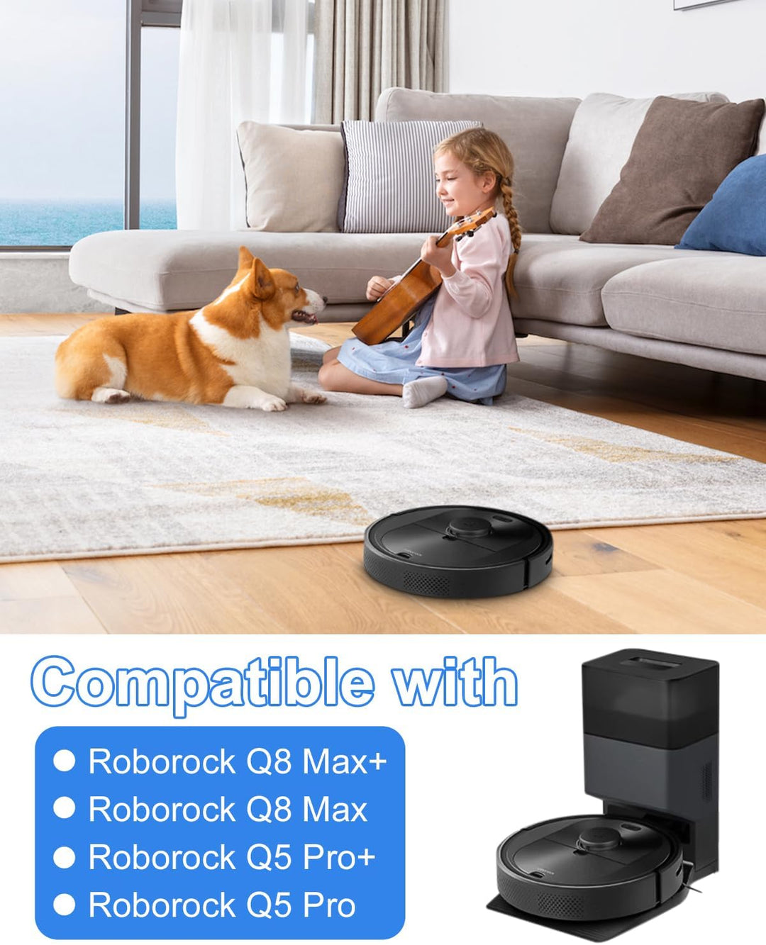 Zubehörset für Roborock Q5 Pro/Q5 Pro+/Q8 Max+/Q8 Max Saugroboter, 2 Hauptbürste, 4 Hepa-Filter, 6 W