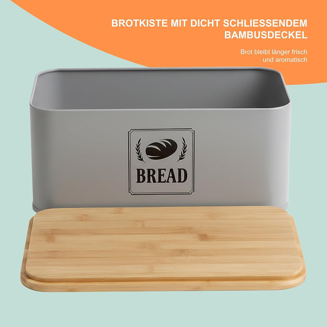 Relaxdays Brotkasten, Bambusdeckel, Metall, HxBxT: 13,5 x 33 x 19 cm, Retro Brotaufbewahrungsbox, Br