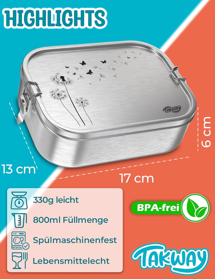 TAKWAY Edelstahl Brotdose Kinder mit Fächern 800ml | Auslaufsicher | Bento Box mit Unterteilung vari