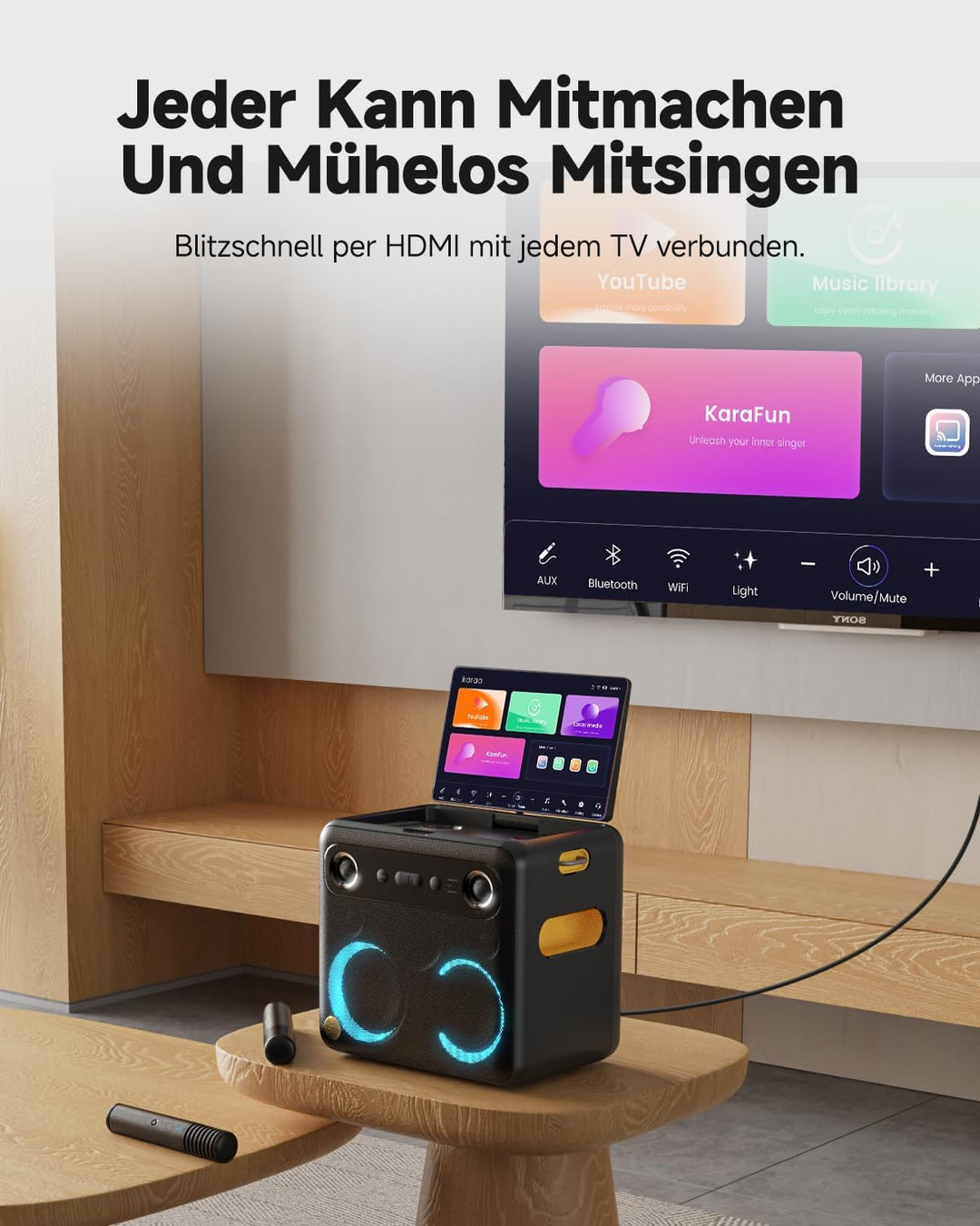 Karaoke-Maschine für Erwachsene – mit Songtextanzeige, 64 GB Karaoke-Tablet, 2 kabellose Mikrofone,