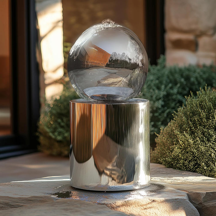 Köhko® Kugelbrunnen Ø25cm mit integrierte LED-Beleuchtung auf zylindrischen Edelstahl Eimer H30cm ho