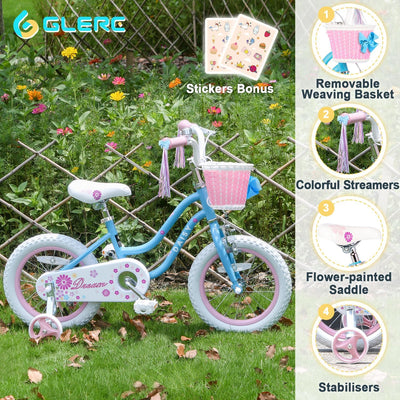 Glerc Kinderfahrrad 12/14/16 Zoll für 2-7 Jahre Mädchen Fahrrad mit Korb, Luftschlangen, Stützräder