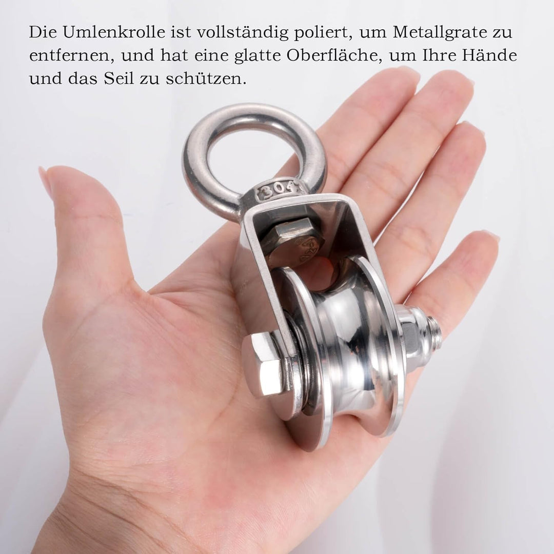 Umlenkrolle Edelstahl für Stahlseil, Seilrolle mit 2 Kugellager für 10mm seile, Tragkraft 500kg Outd