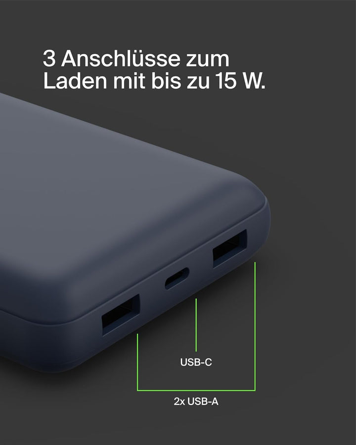 Belkin tragbares USB-C-Ladegerät, 20.000 mAh, 20K Powerbank mit USB-C-Ein-/Ausgang und 2 USB-A-Ansch
