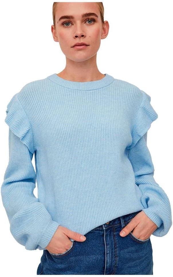 Vila Damen Viril O-Neck Flounce Knit Top-Noos Pullover XS Kentucky Blue/Detail:melange, XS Kentucky