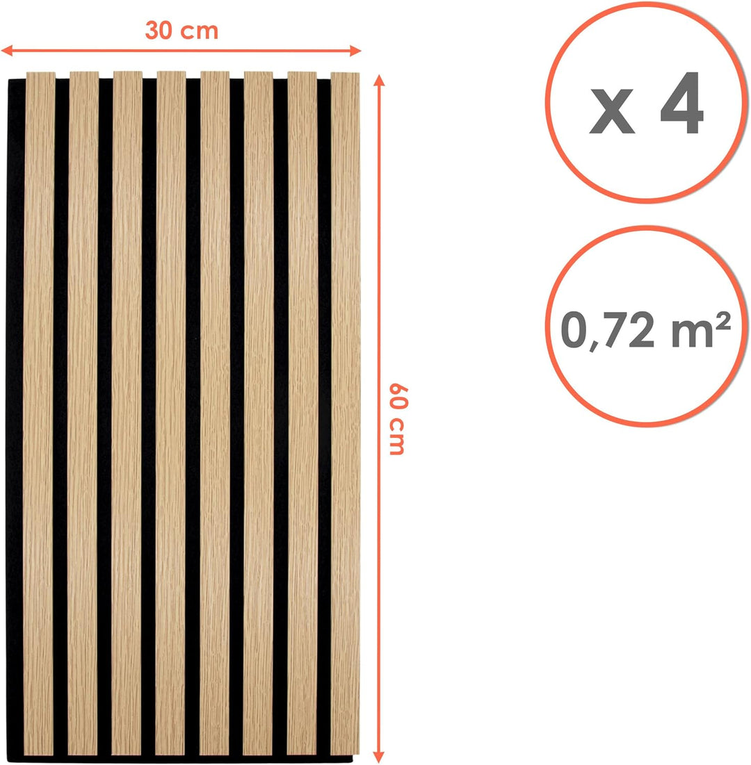Akustikpaneele in Holzoptik 60 x 30 cm als Schallabsorber - 4er Set - Deko Schallschutz Wandvertäfel