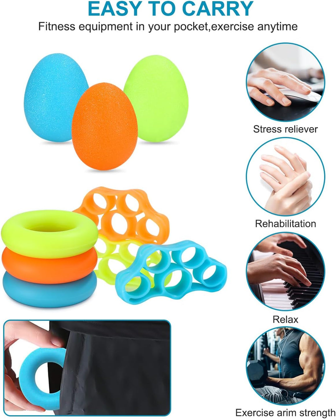 Jissta 10-Pack Handtrainer Fingertrainer,Eiförmige Griffbälle,Fingerwiderstandsbänder, Finger Traini