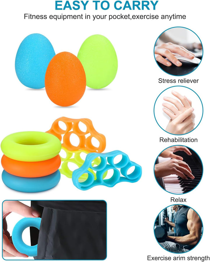 Jissta 10-Pack Handtrainer Fingertrainer,Eiförmige Griffbälle,Fingerwiderstandsbänder, Finger Traini