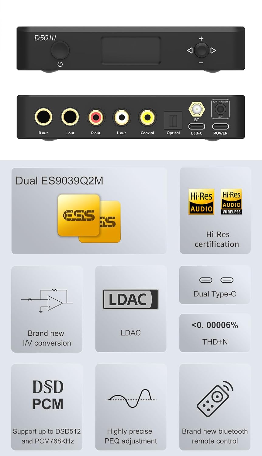 Topping D50 III DAC-Vorverstärker – LDAC Bluetooth 5.1 Dual ES9039Q2M D/A-Chips unterstützt DSD512 P