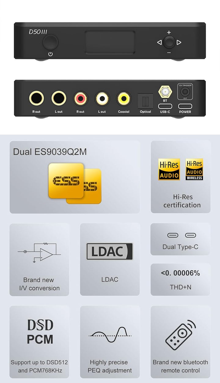 TOPPING D50 III DAC-Vorverstärker – LDAC Bluetooth 5.1 Dual ES9039Q2M D/A-Chips unterstützt DSD512 P